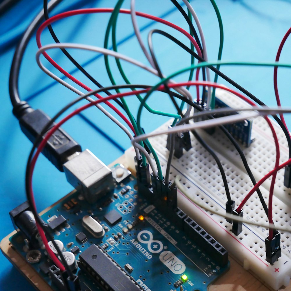 Close-up of a circuit board with wires attached
