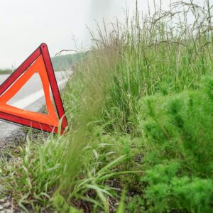 Red warning triangle at the side of a road