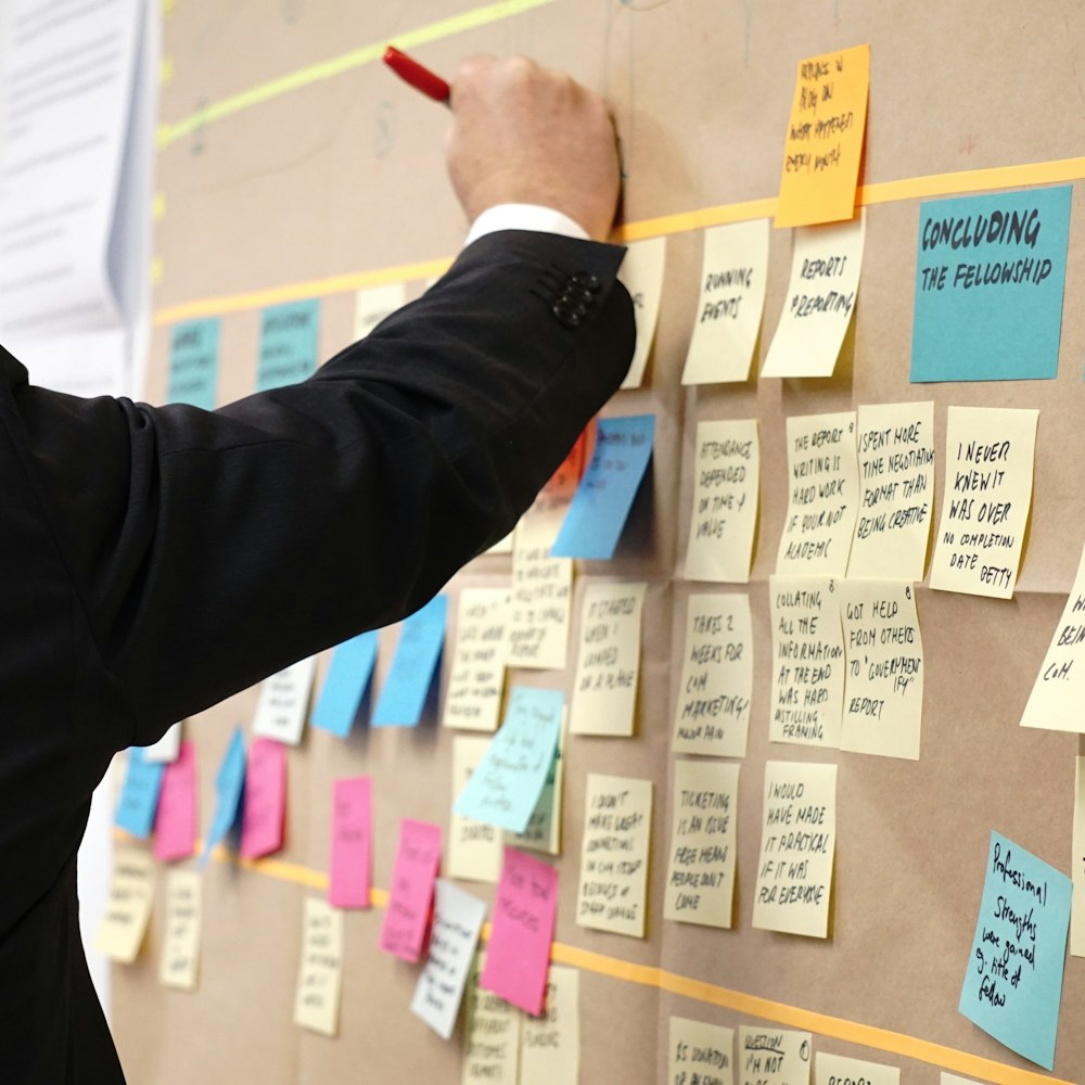Sticky notes pinned to a corkboard