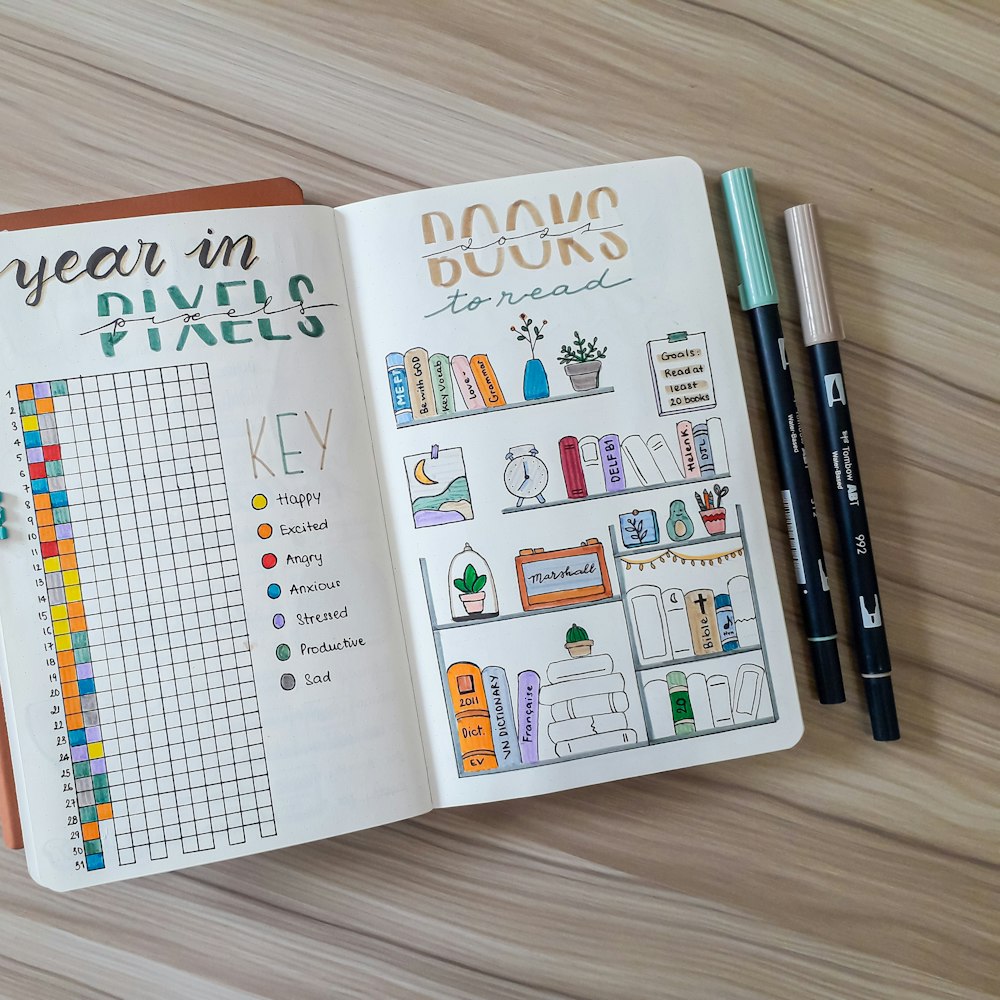 A bullet journal with a planner layout and coloured markers
