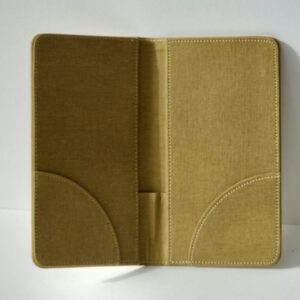 An open tan folder standing on a white background