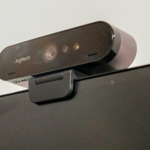 Webcam mounted on top of a computer monitor