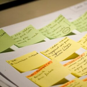 Sticky notes with handwritten text arranged on a surface