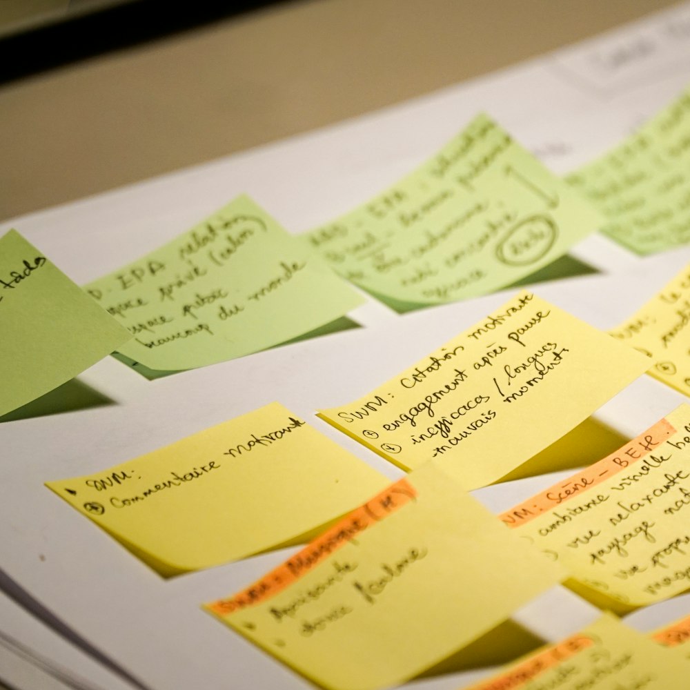Sticky notes with handwritten text arranged on a surface