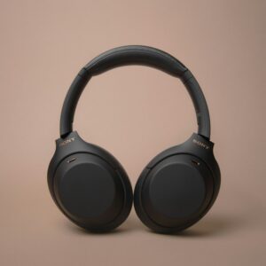 Black wireless headphones on a white table