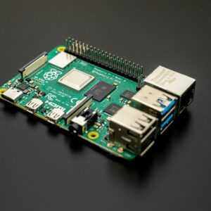 Close-up of a Raspberry Pi circuit board on a table