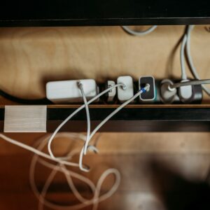 White and black multi-socket extension lead