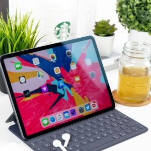 Black tablet with an attached keyboard