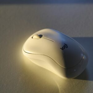 A white computer mouse casting a shadow